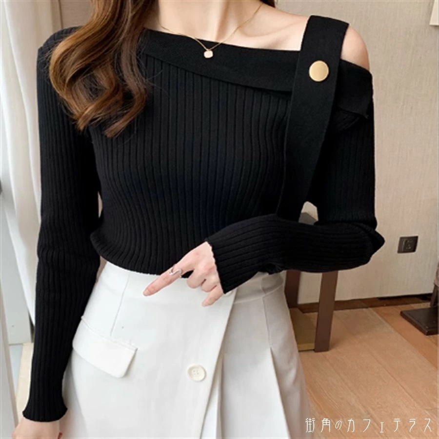 トップス セーター 長袖 オフショルダー Uネック ラウンドネック ワンショルダー Aライン フレア プルオーバー ニット 厚手生地 かわいい 大人可愛い 大人女子 こなれ感 シンプル カジュアル 大