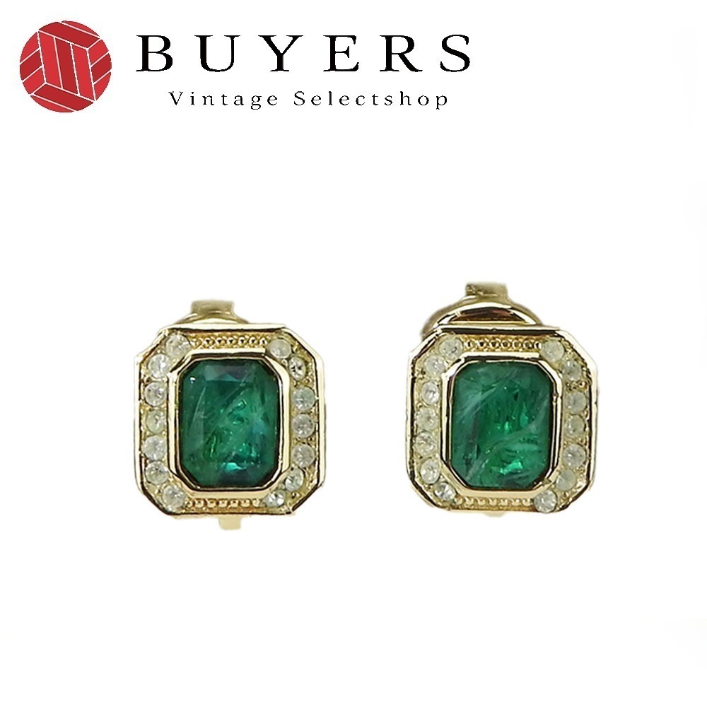 中古 イヤリング メタル ラインストーン ゴールド グリーン ヴィンテージ アクセサリー 小物 レディース 女性