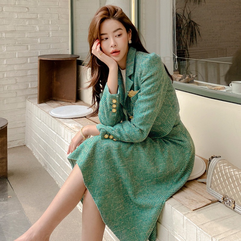 【セットアップ】ショートスーツジャケット＋ハイウエストAラインスカート ツーピース スーツ グリーンスーツ a3446