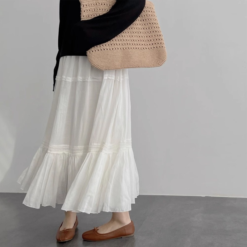 【1つ買うと10つ無料】薄い柔らかいドングングラミースプレッチ ラインミッドレングスケーキスカートホワイトスカート