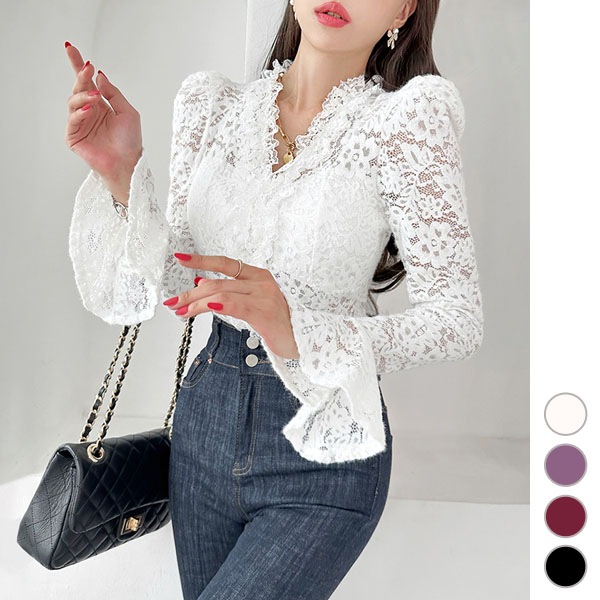 ブラウス レディース トップス 長袖 総レース レース シースルー タイト セクシー 上品 おしゃれ きれいめ オフィス 韓国 to27925