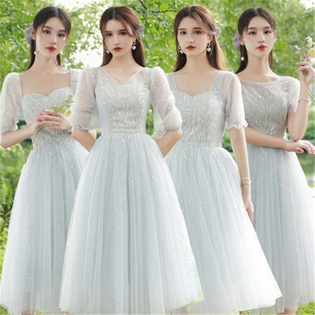 グレー　4タイプ　レース　ブライズメイド　ドレス パーティードレス　ミデイアム丈　ミディアム丈　ミディアムドレス　フォーマルドレス　ワンピース二次会演出司会 結婚式お呼ばれ　ゲストドレス　演奏会 披露