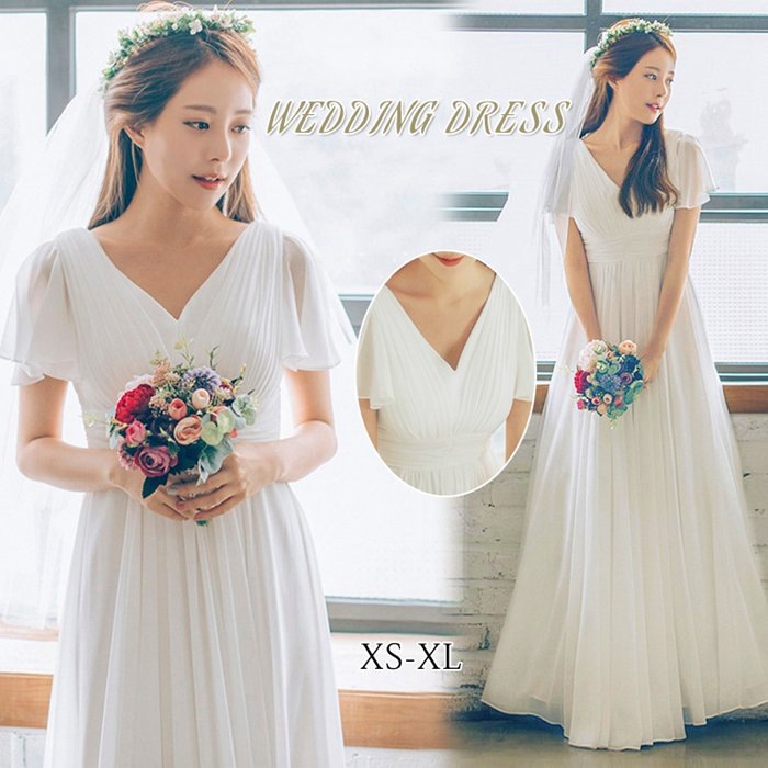 ウェディングドレス ワンピース wedding dress フレア袖 ウエディング ドレス 二次会ウエディングドレス 花嫁ドレス 二次会 スレンダータイプ Aライン Vネック 前撮り 披露宴 結婚式