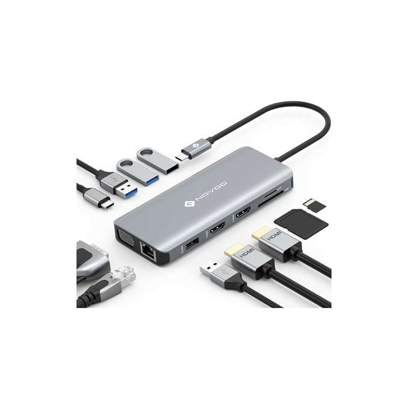 USB C ハブ 11-in-1 トリプルディスプレイ NOVOO デュアル 4K ドッキングステーション【HDMI/VGA/PD 100W 急速充電/1Gbps イーサネット/4USB-A ポート/