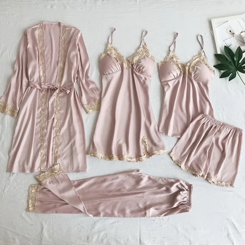 女性用シルクサテンナイトガウン,5ピース,女性用ローブ,Vネック,ネグリジェ,家庭用パジャマ,春