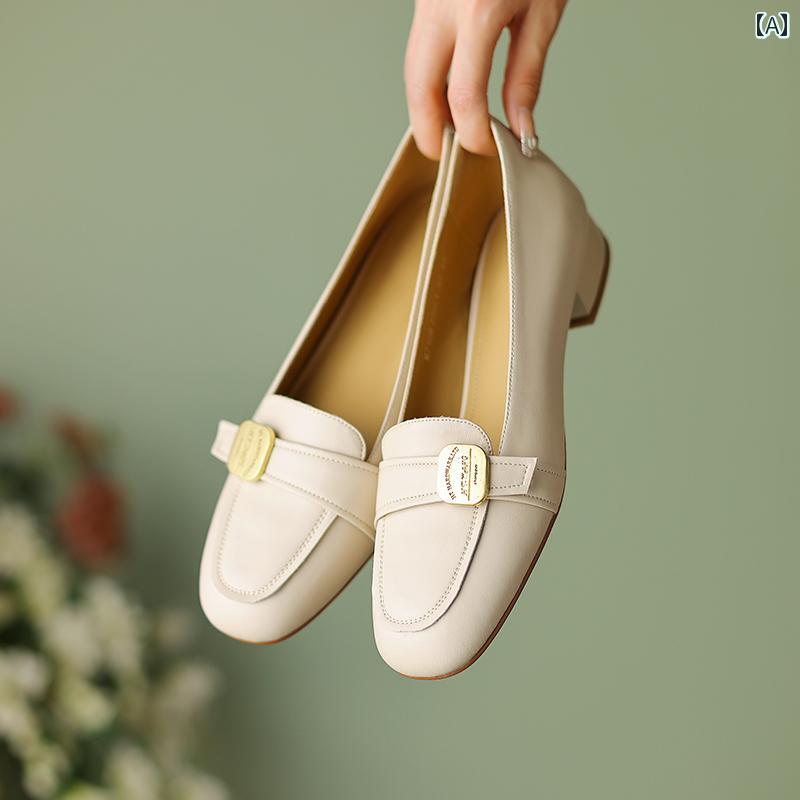 ローファー レディース 通学 通勤 学生 カレッジ 仕事 オフィス レトロ 厚底 女性用 英国風 春秋 風 ラウンドトゥ 浅口 シングル シューズ フレンチ メタル バックル ローヒール 革靴