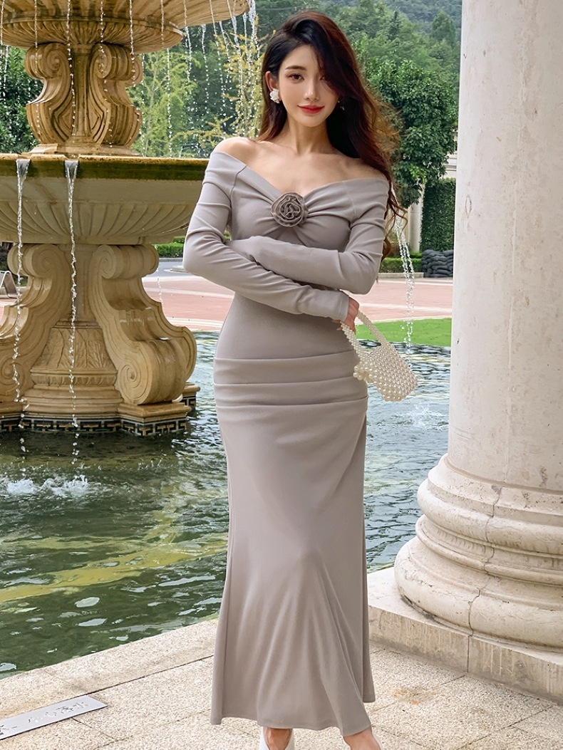ドレス パーティードレス 二次会ドレス ロングドレス ステージドレス マキシ丈 長袖 オフショルダー マーメイドライン きれいめ 大人 上品 おしゃれ お洒落 セクシー エレガント レディース