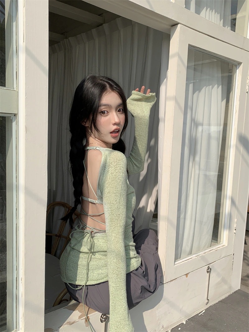 2024春秋 ニットトップス 2点セット レディースレースアップ長袖 韓国系ファッション 可愛い ニット プルオーバー セクシー ニット ショート丈トップスおしゃれ 薄手透け感 クロシェ 4,621円