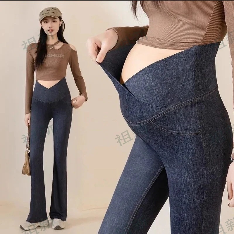 デニムパンツ レディース マタニティ 妊婦用 V字型 穿きやすい 伸縮 ジーパン ジーンズ スリム スキニー パンツ 細身 美脚 可愛い1