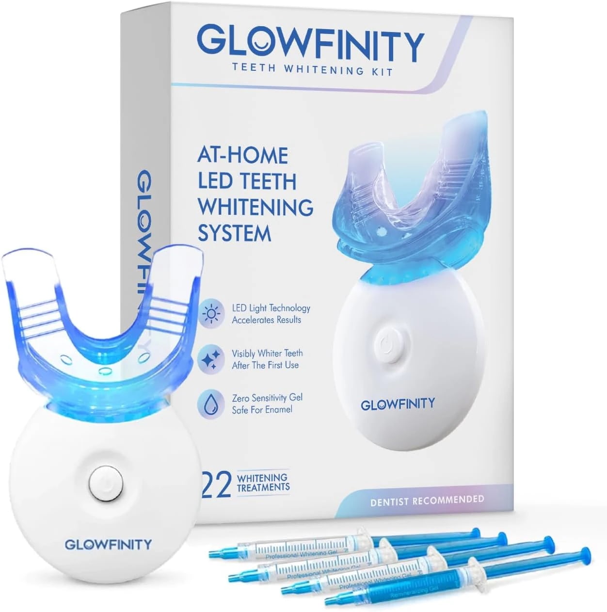 GLOWFINITY歯のキット - LEDライト過酸化カルバミド35%ゲル注射器（3）3mlリミネラル化ジェル（1）およびトレイ