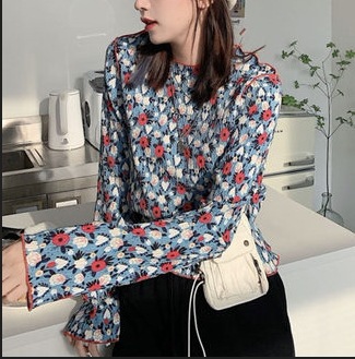 ブラウス トップス 袖あり 長袖 ラウンドネック 襟なし ストレート ふんわり レトロ ラブリー キュート 花柄 春 夏 秋 冬 誕生日 個性的 S M L XL 2XL 3XL ブルー ゆったり