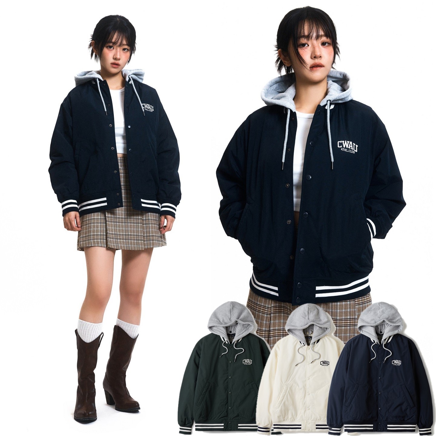 [QWERコラボレーション] Hood Varsity Jumper 韓国ファッション 季節の変わり目に適した制服ファッション 10代 20代 30代ファッション