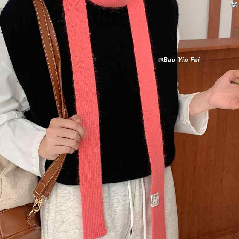 レディースファッション　ファッション小物　オシャレ 秋冬 着用 韓国 ピンク ニット ウール スカーフ 保温性 レトロ ストリーマー 細くて 長い