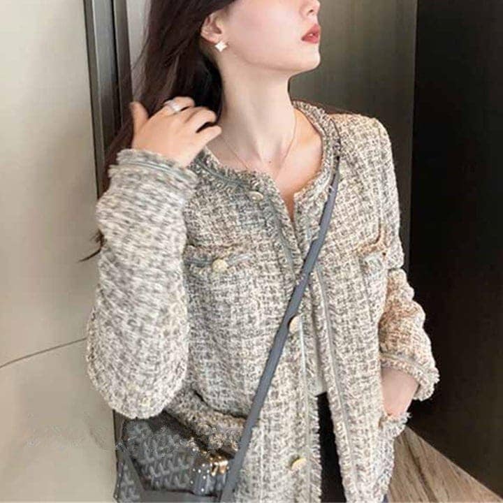 ジャケット レディース ノーカラージャケット チェック フリンジ カラフル ツイード メタルボタン