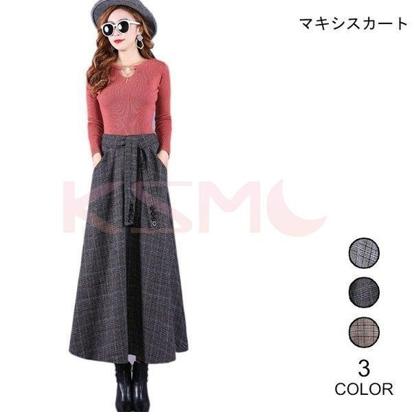 チェック柄スカート レディース ロングスカート 厚手 フレアスカート レトロ マキシスカート 女性用 Aラインスカート 秋冬物 気質アップ