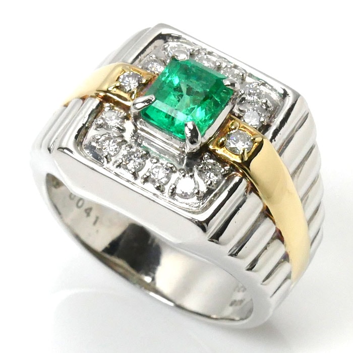 Pt900プラチナ K18YG イエローゴールド リング・指輪 エメラルド1.18ct ダイヤモンド0.41ct 22号 20.9g メンズ 中古