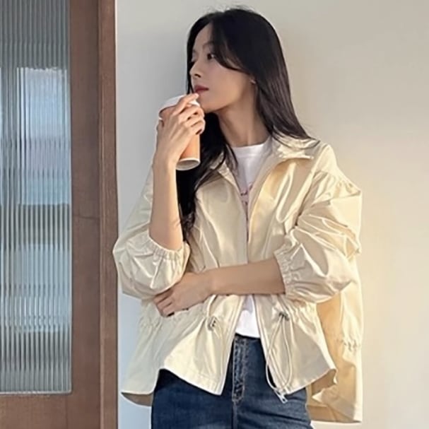 アウター フーディー シャンパー 上着 ウインドブレーカー ショート丈 袖あり 長袖 Vネック 襟なし ウエストマーク ファスナー 前開き シンプル カジュアル おしゃれ かっこいい レトロ 大人女子