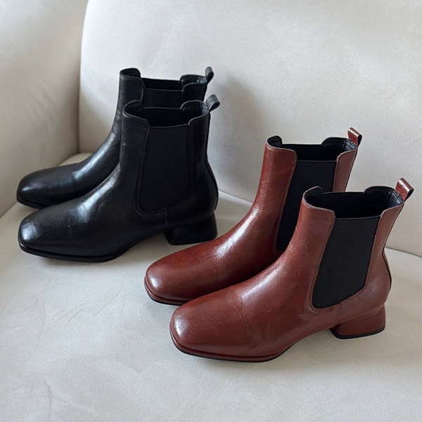 ショートブーツ サイドゴアブーツ スクエアトゥ 天然牛革 フラット レディース ローヒール 黒 茶 ブラック ブラウン 歩きやすい カジュアル 靴 婦人靴 韓国