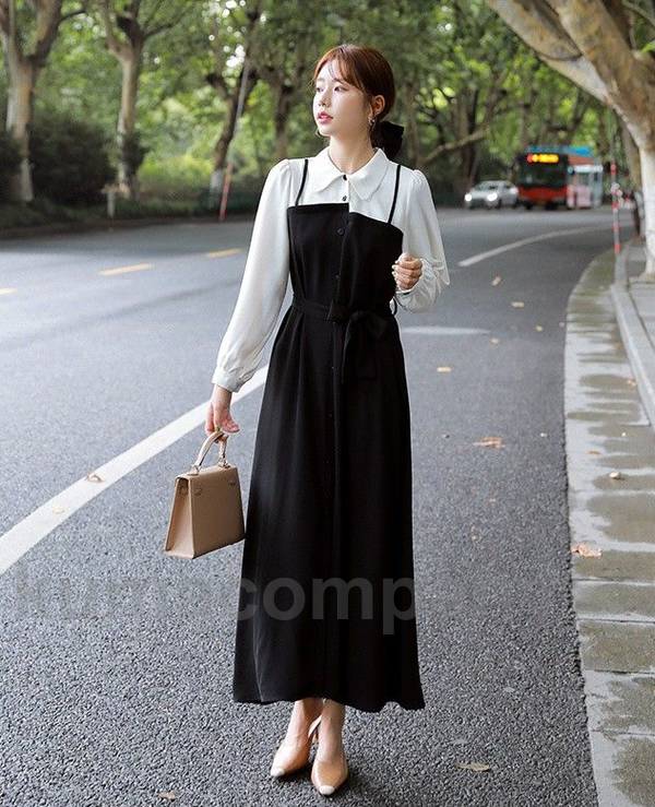 ドッキングワンピース レディース シャツワンピース ロング 長袖 ロングワンピース Aライン 春 秋 切り替えワンピース シンプル 大きいサイズ 黒 白 ウエストリボン ウエストマーク アシンメトリー