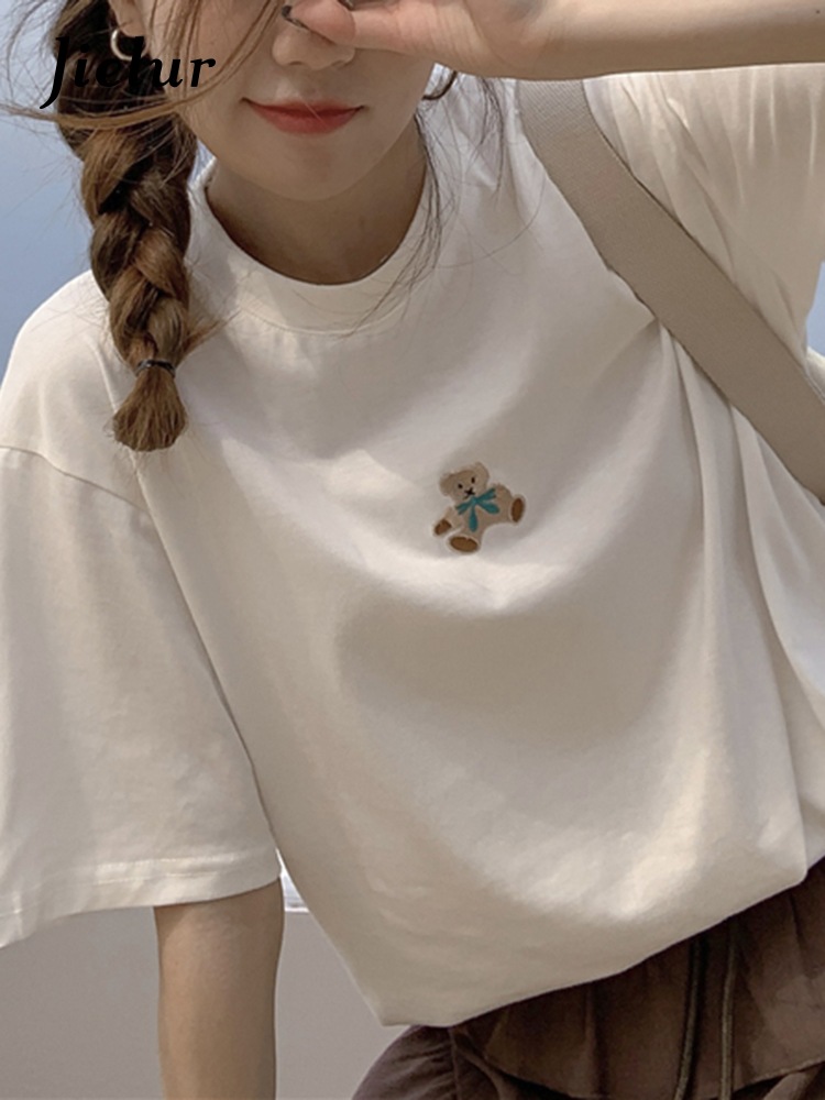 Jielur-女性用のクマの刺繍Tシャツ SALE 80%OFF 女性用の白い灰色の半袖Tシャツ 女性用 人気を誇る 韓国の夏のTシャツ