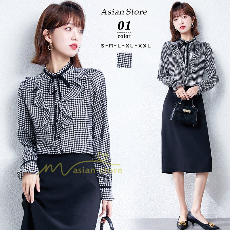 ブラウス レディース 長袖ブラウス 秋新作 オフィスブラウス チェック柄 リボン付き 20代30代4