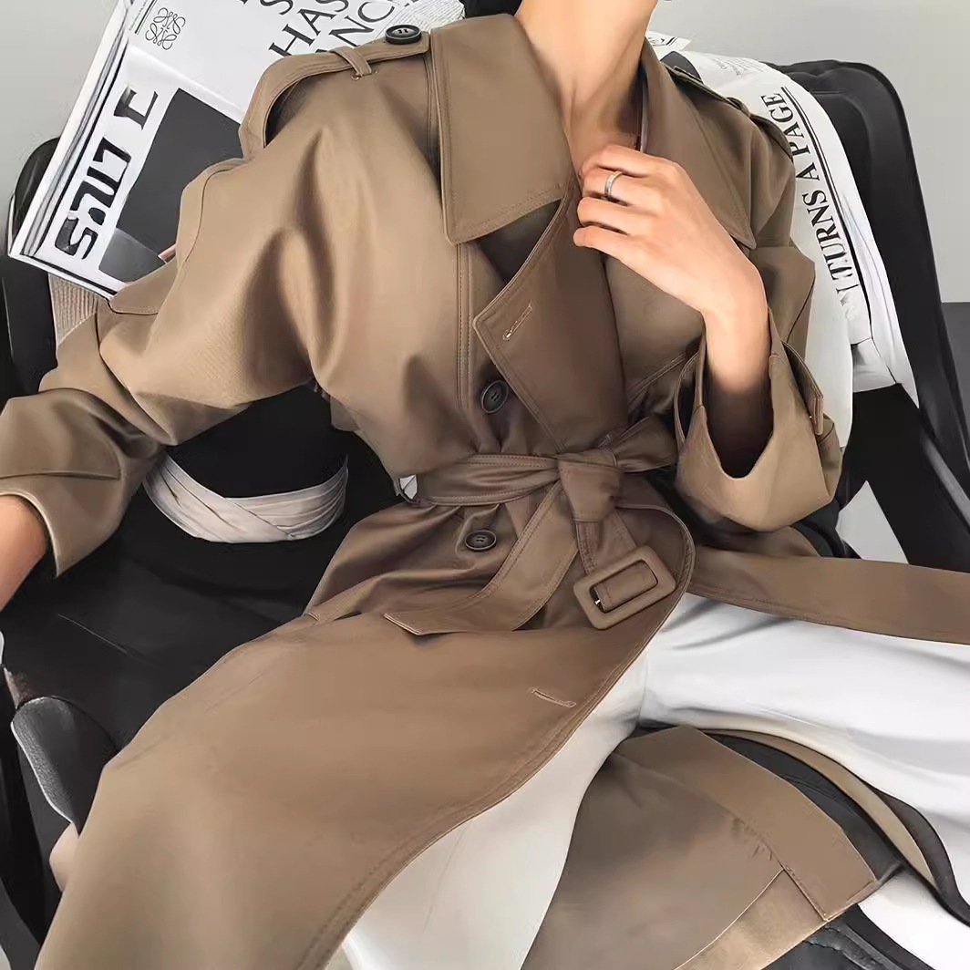 女性用英国風ダブルブレストミドル丈ウインドブレーカーコート24春秋新作高級気質コートアウターチェスターコート レディース