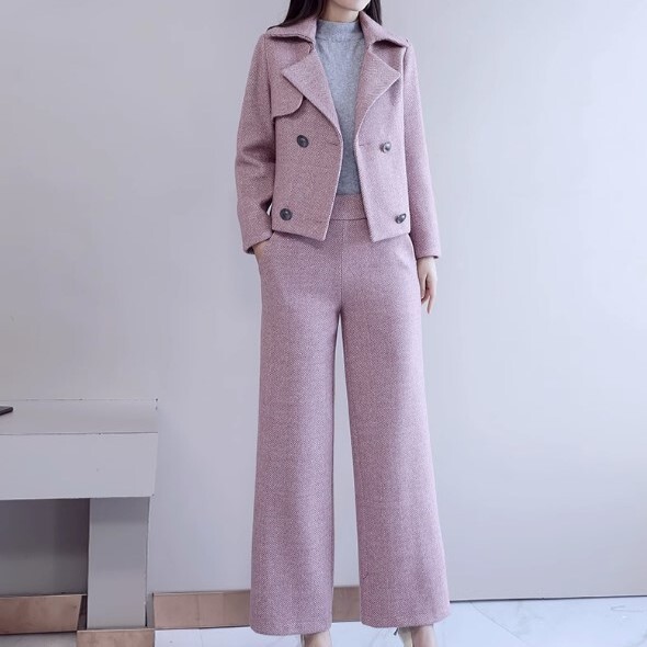 セットアップ スーツ ワイドパンツ ショート丈 袖あり 長袖 Vネック 襟付き オープンカラー ワイド ポケット 前開き ダブルブレスト ポリエステル 上下セット 2点セット 大人可愛い きれいめ