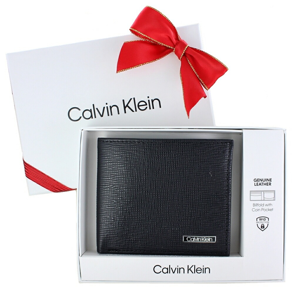 ラッピング済 ギフトセット メンズ 財布 おしゃれ 二つ折り カルバンクライン 二つ折り財布 ブラック 小銭入れ付 革 手提げ袋 紙袋付き 男性ギフト 誕生日 記念日 実用的 プレゼント ポイント消化