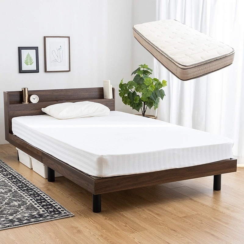 すのこ マットレス すのこベッド セット ダブル マットレスセット ベッドフレーム 棚付き コンセント シンプル ユーロトップ ホワイト ブラウン グレー ナチュラル ベット