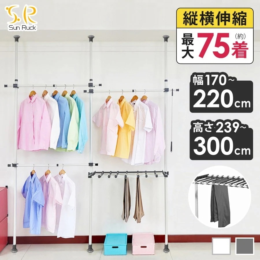 突っ張り棒 ハンガーラック 2段 幅170-0cm 伸縮 耐荷重100kg 高さ調節 天井突っ張り式 つっぱり棒 ロング ポールハンガー 強力 服 衣類 収納 部屋干し 室内物干し 物干し竿