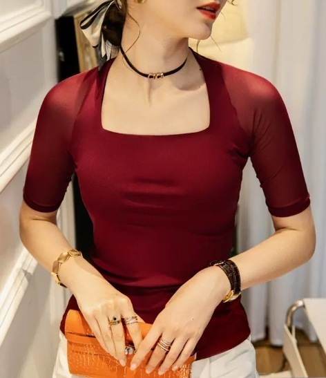 トップス デート モテアイテム ブラウス 五分袖 スクエアネック 透け感 シースルー 可愛い きれいめ 上品 おしゃれ かっこいい 可愛い ラブリー キュート ガーリー クール モード系