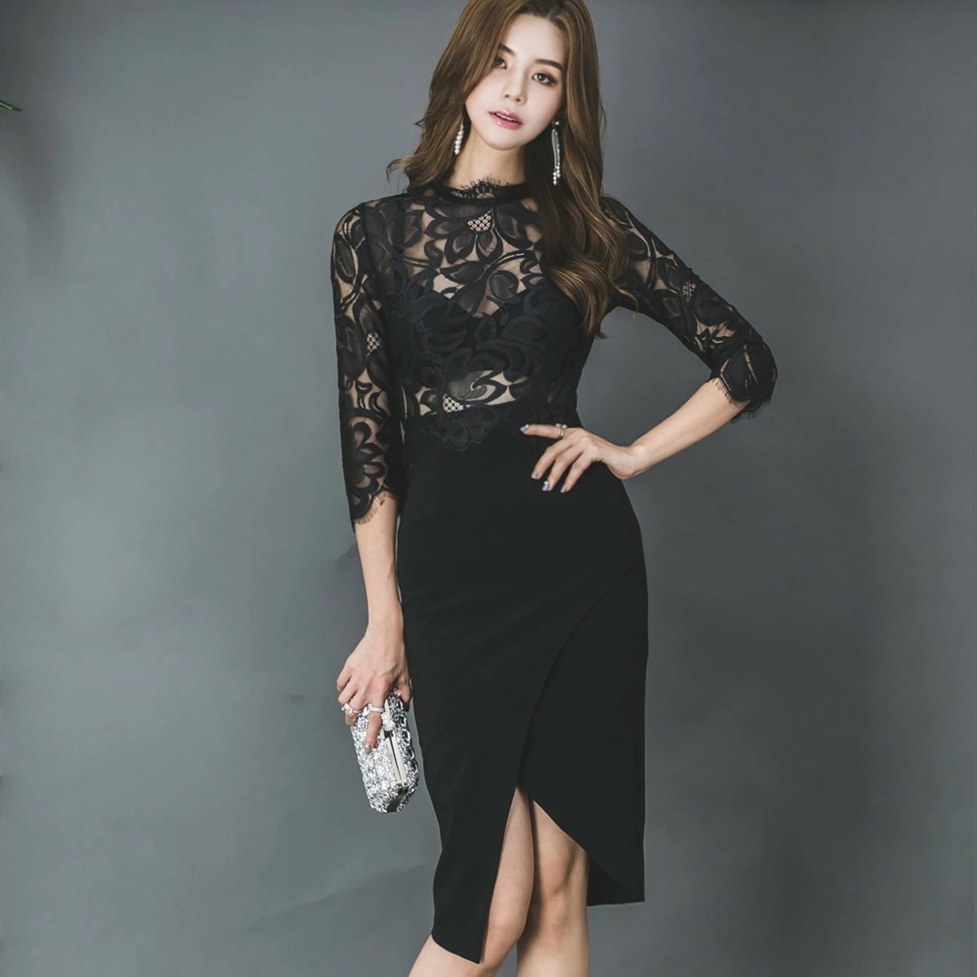 レースドレス 花柄 レース セクシー ワンピース 春 夏 シースルー クールネック フェミニン 大きいサイズ ワンピース パーティドレス ミディアム丈 半袖 5分袖 披露宴 結婚式 上品 ゴージャス