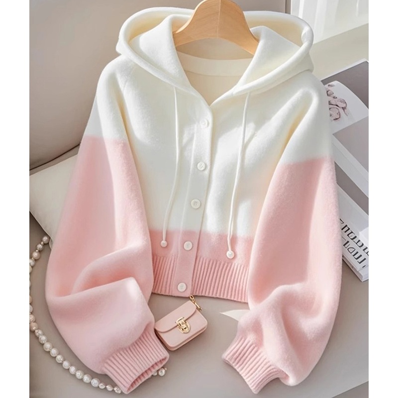 ファッショナブルな気質甘い老化防止長袖セーターユニークなシングルブレストデザイン女性用フード付きカシミアセーター 5,084円