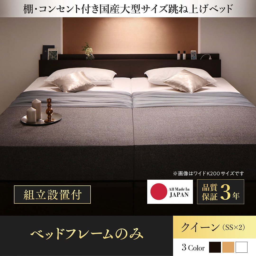 [組立設置付]棚付き 国産 大型跳ね上げ収納ベッド [ランデルッツ] [ベッドフレームのみ/マットレスなし] 縦開き クイーン（SSx2） [フレーム色]ホワイト