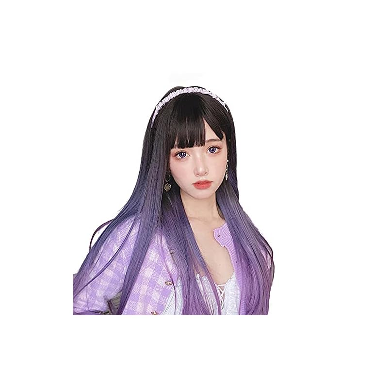 Vigorousウィッグ ストレート ロング グラデーション パープル紫 黒 ブラック フルウィッグ かつら ロリィタ 小顔 自然 耐熱 ネット付き
