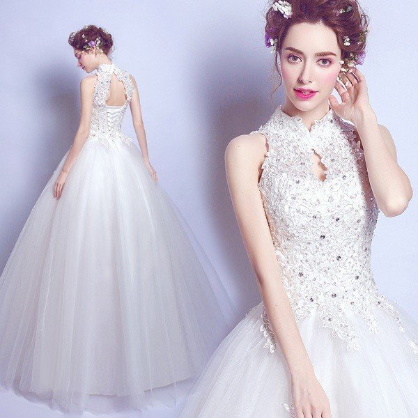 ウェディングドレス Aラインドレス エンパイア　二次会 花嫁　編み上げタイプ　二次会 ホワイト ダイ 11,157円