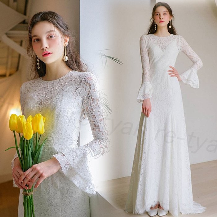 2020新品 ウエディングドレス 袖あり 長袖 レース 二次会 格安 白 花嫁 スレンダーライン 披ドレス