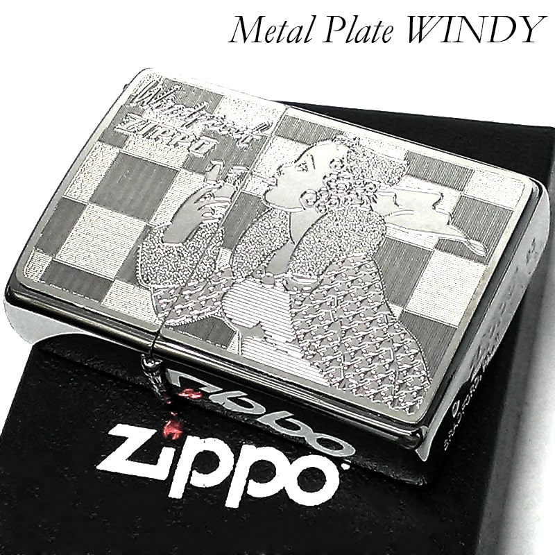 ZIPPO ライター ウインディ ウィンディガール メタル プレート ホワイトニッケル レトロ ジッポ 銀 Windy Metal Plate WhiteNickel チェック かわいい アンティーク
