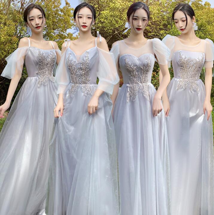 お嬢様 ワンピース きれいめ レディース マキシワンピース グレー ロングドレス 刺繍 肩出し 半袖 お呼ばれワンピース 編み上げ フォーマルドレス 可愛い パーティードレス 結婚式 演奏会 二次会