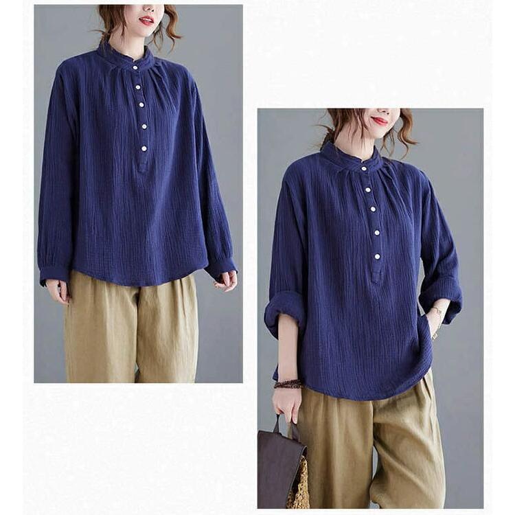シャツ レディース 春 ブラウス 大きいサイズ 長袖 夏 無地 ボタン ノーカラー おしゃれ 切り替え カジュアル 20代 30代 40代 50代