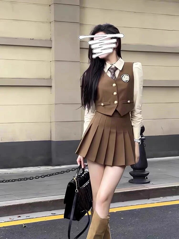 まるで韓国ドラマのヒロイン セットアップ 3点セット 韓国ファッション スクールガール 制服風 低身長レディース 秋 冬 ベスト ジレ プリーツスカート シャツ ネクタイ付き プレッピー