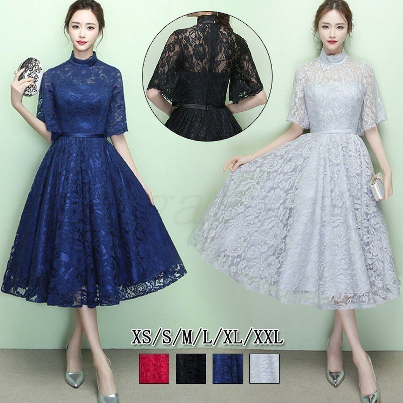 パーティードレス ワンピース 結婚式 ドレス ロング丈 袖あり ミモレ丈 レース 黒ドレス 謝恩会 発表会 演奏会 披露宴 二次会 20代 30代 40代 50代