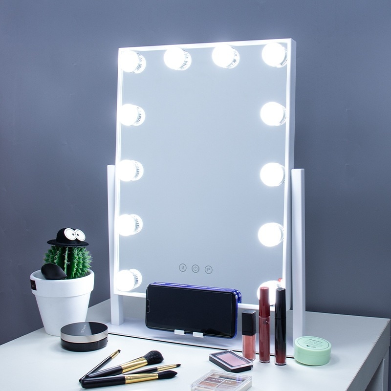 【PSE認証】電球鏡デスクトップLED付き化粧ミラー金属ハリウッド12電球ledデスクトップびがんけしょうきょう