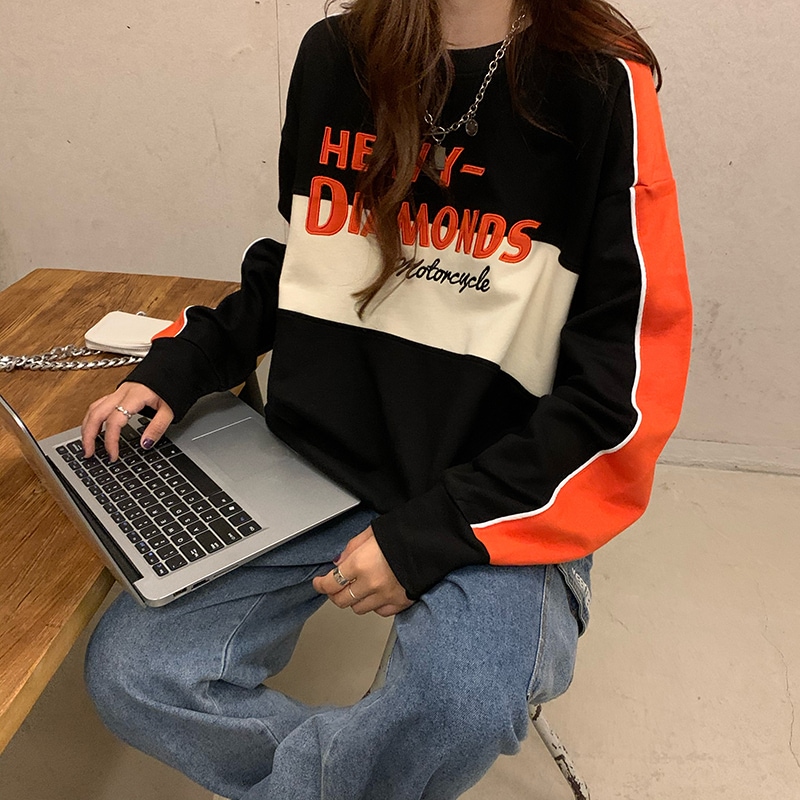 ラウンドネックプルオーバー トップス トレーナー スポーティ ストリート レギュラー丈 袖あり 長袖