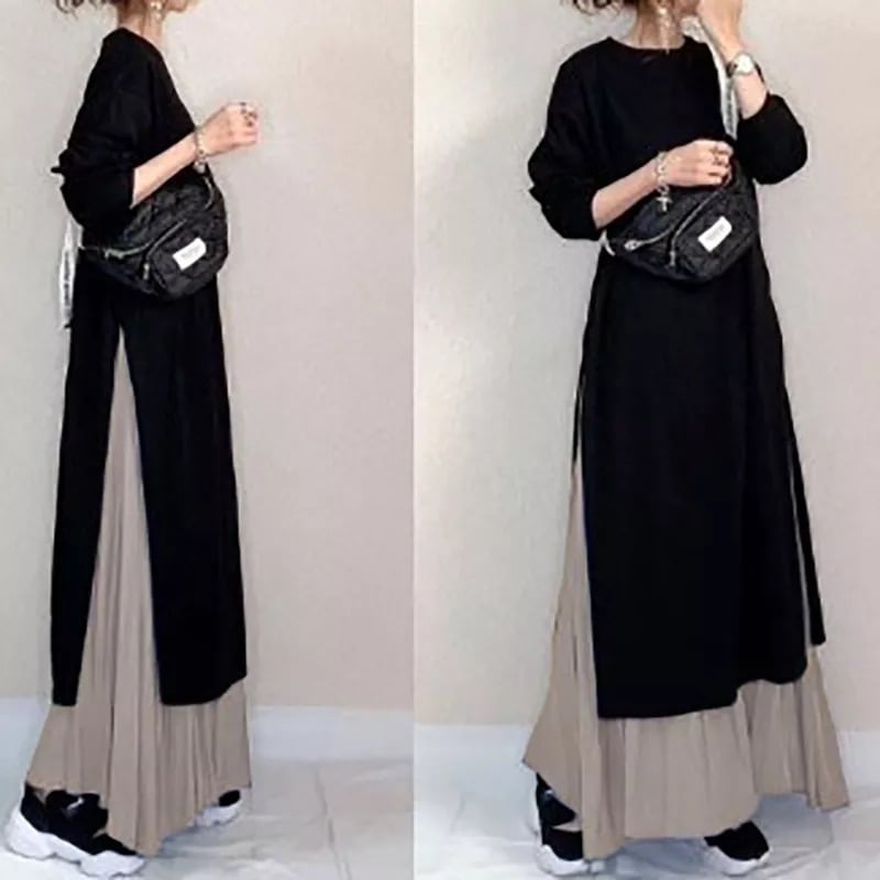 【再入荷予定】長袖 シンプル カジュアル スカート ラウンドネック プルオーバー ワンピース セットアップ 2点セット