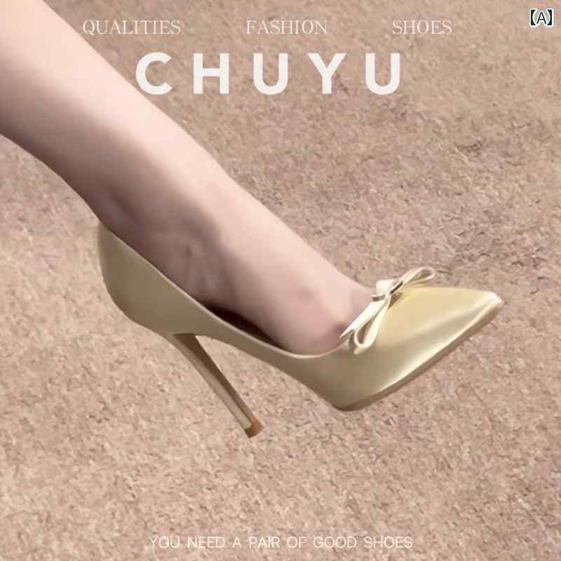 ハイヒール　シューズ　レディース 女性用 シャンパン カラー ハイヒール 尖った 蝶の ウェディングシューズ フレンチスタイル 淑女らしい サテンの 花嫁 介 添 人用 シューズ