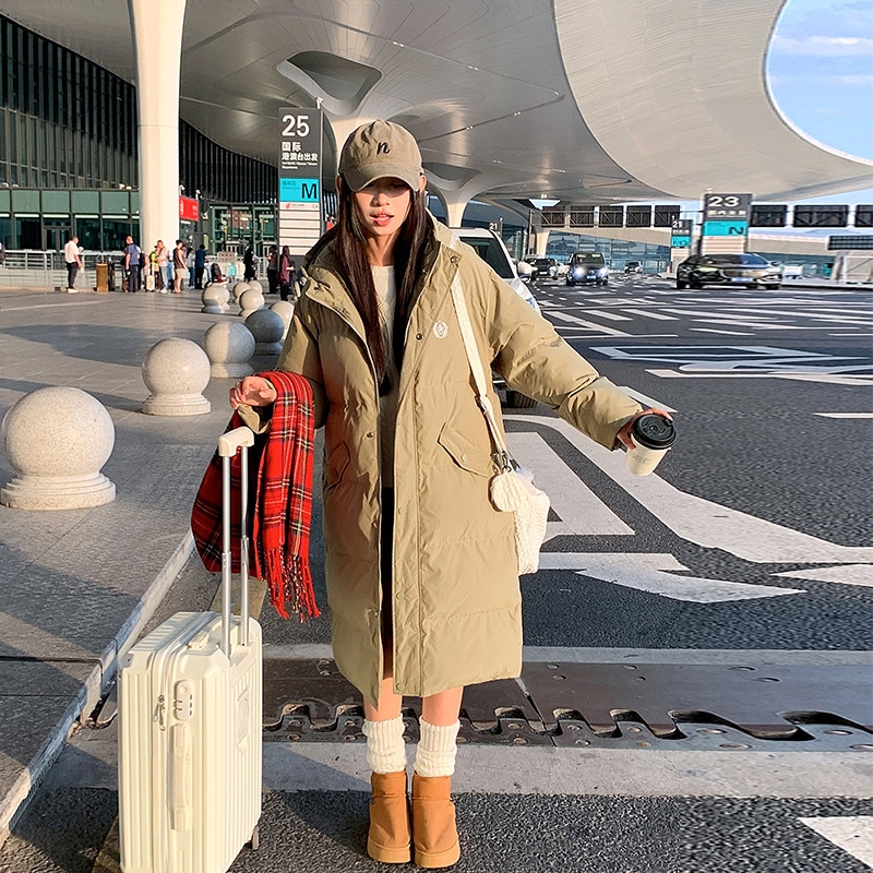 韓国風ルーズ痩身大きいサイズカレッジスタイルコットンコートロング膝丈フード付きダウンコットンコートレディースコート