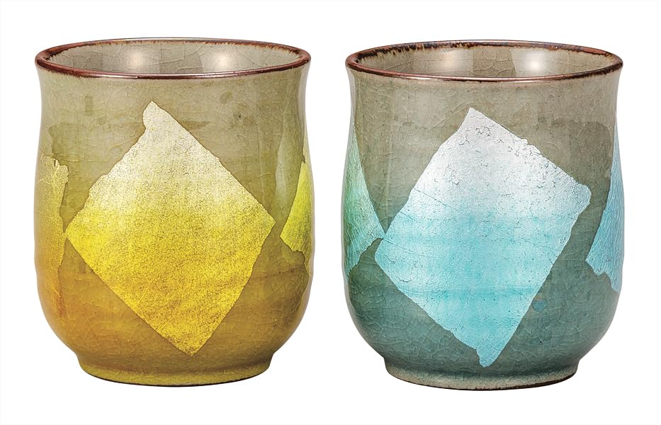 ナカマル『九谷焼』組湯呑銀彩水色/黄色竜彩 K9-770