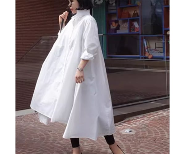 レディース シャツ シャツワンピ 羽織り ロング イレギュラー 不規則 長袖 襟付き ポロカラー 前開き ボタン 綿 コットン シンプル カジュアル レトロ ラフ ルーズ 存在感 ナチュラル シック
