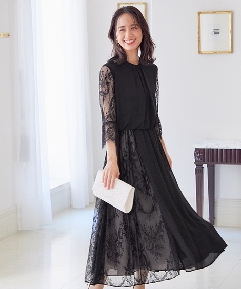 レディース ドレス 【結婚式パーティードレス】スタンドカラーアシメレースデザインワンピースドレス大きいサイズ有 モカ ネイビー 黒